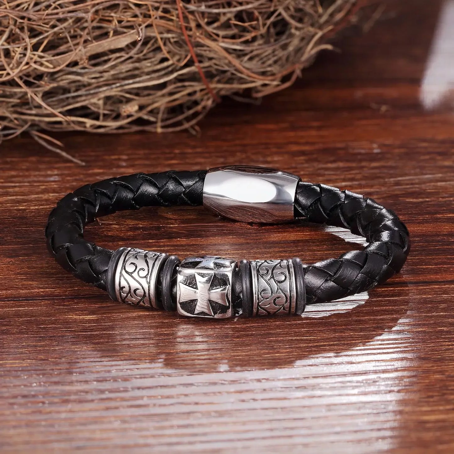Men’s Leather Bracelet with Cross Magnet Clasp
