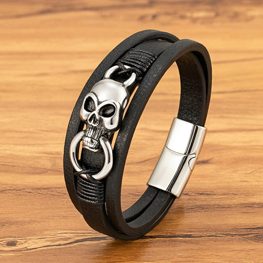 Punk Skull Leather Bracelet with Magnetic Buckle