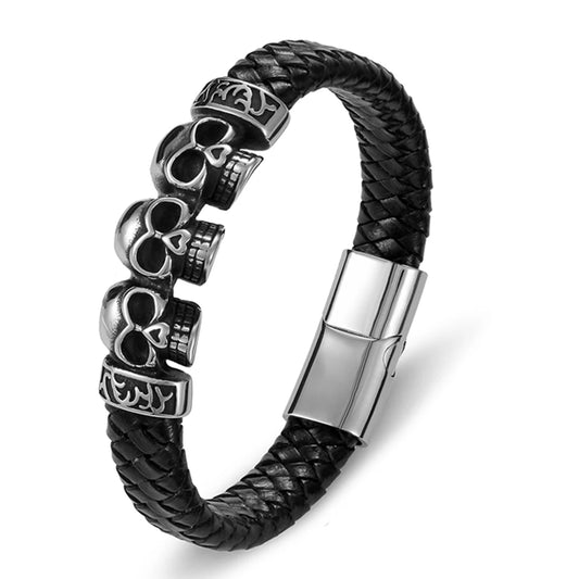 Leather Skull Bracelet with Woven Rope Metal
