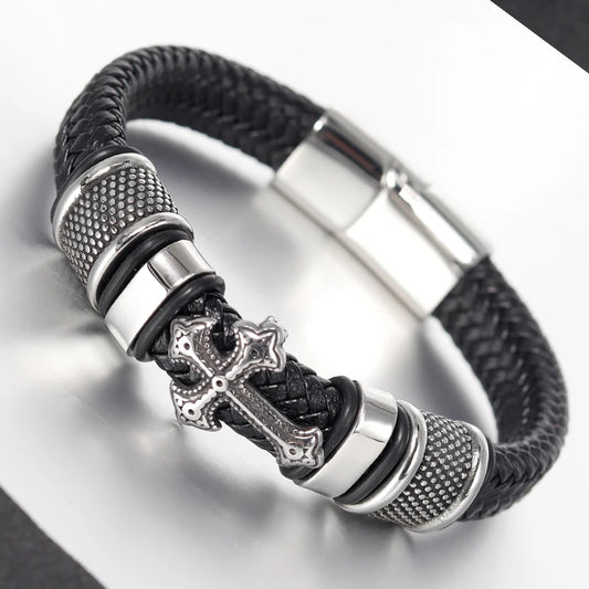 Handmade Leather Chain Bracelet with Cross for Men
