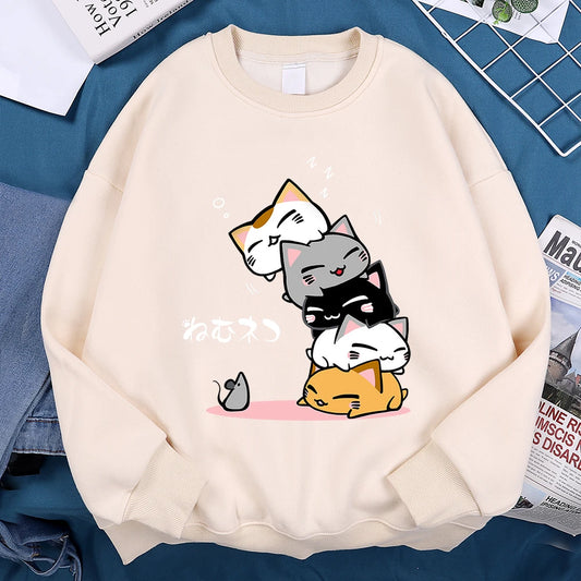 Cute Stacked Cats Anime Pullover Hoodie for Men