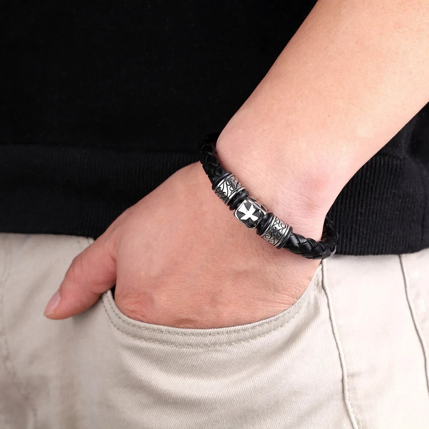 Men’s Leather Bracelet with Cross Magnet Clasp