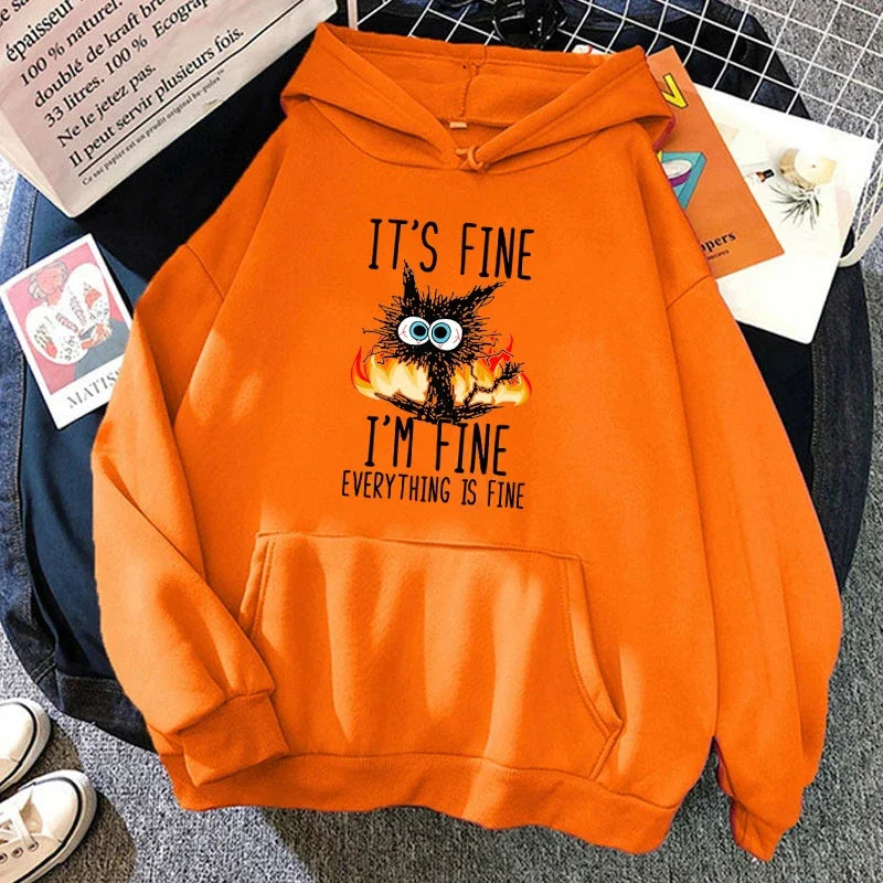 It's Fine Cat Print Hoodie for Women and Men