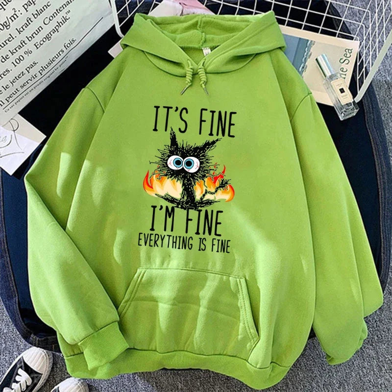 It's Fine Cat Print Hoodie for Women and Men
