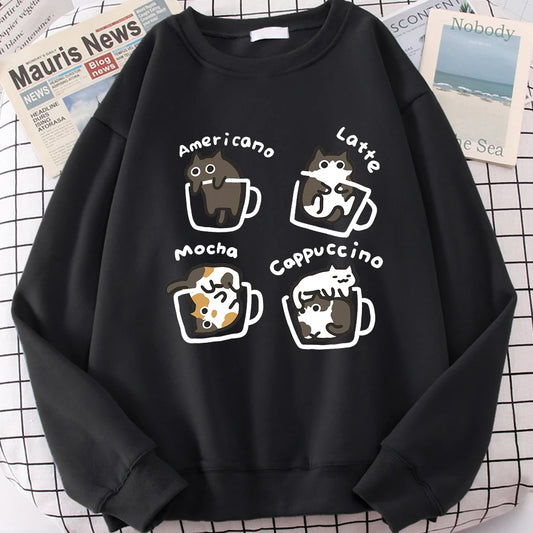 Cute Coffee Cat Cartoon Hoodie for Women