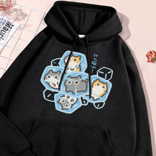 Ice Cat Cartoon Hoodie Unisex Harajuku Streetwear