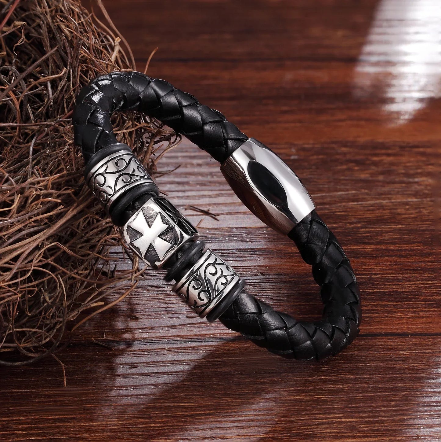 Men’s Leather Bracelet with Cross Magnet Clasp