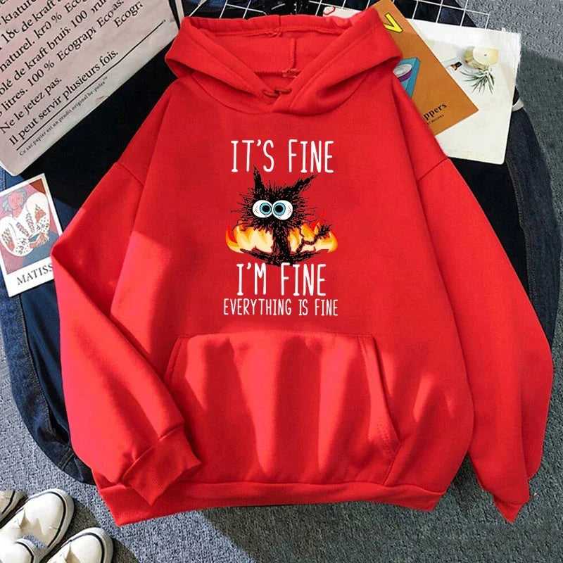 It's Fine Cat Print Hoodie for Women and Men