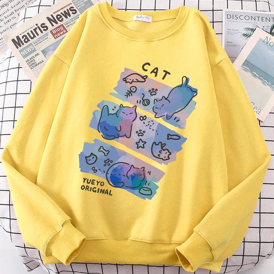 Cute Cat Cartoon Hoodie Unisex Loose Fleece Sweatshirt