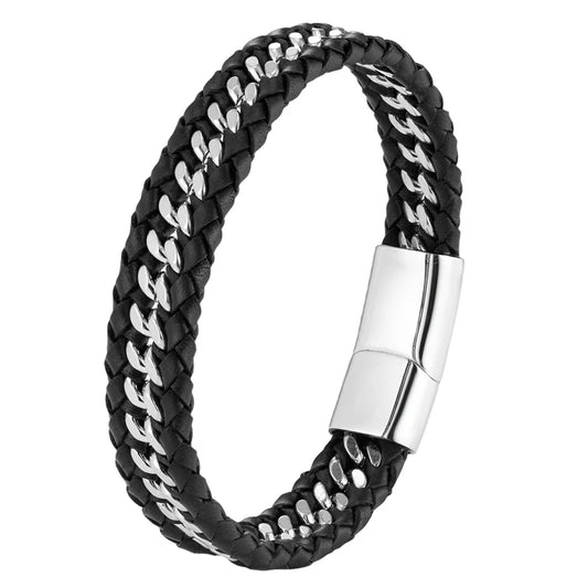Punk Rock Leather Steel Cuban Link Men's Bracelet