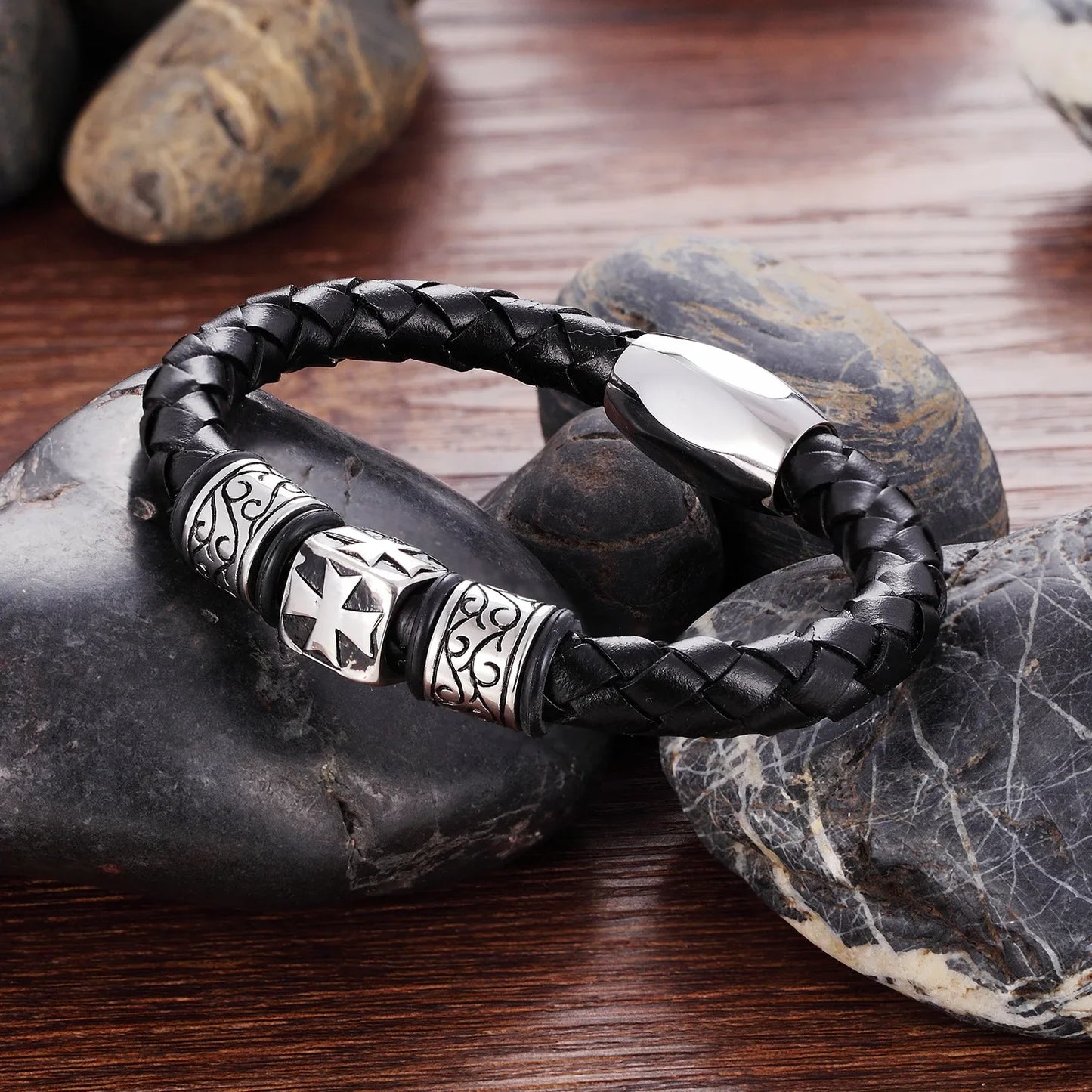 Men’s Leather Bracelet with Cross Magnet Clasp