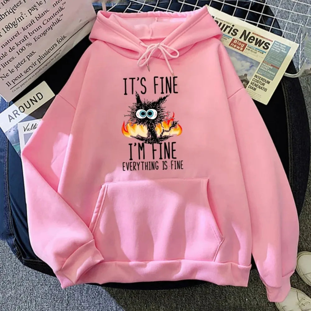 It's Fine Cat Print Hoodie for Women and Men